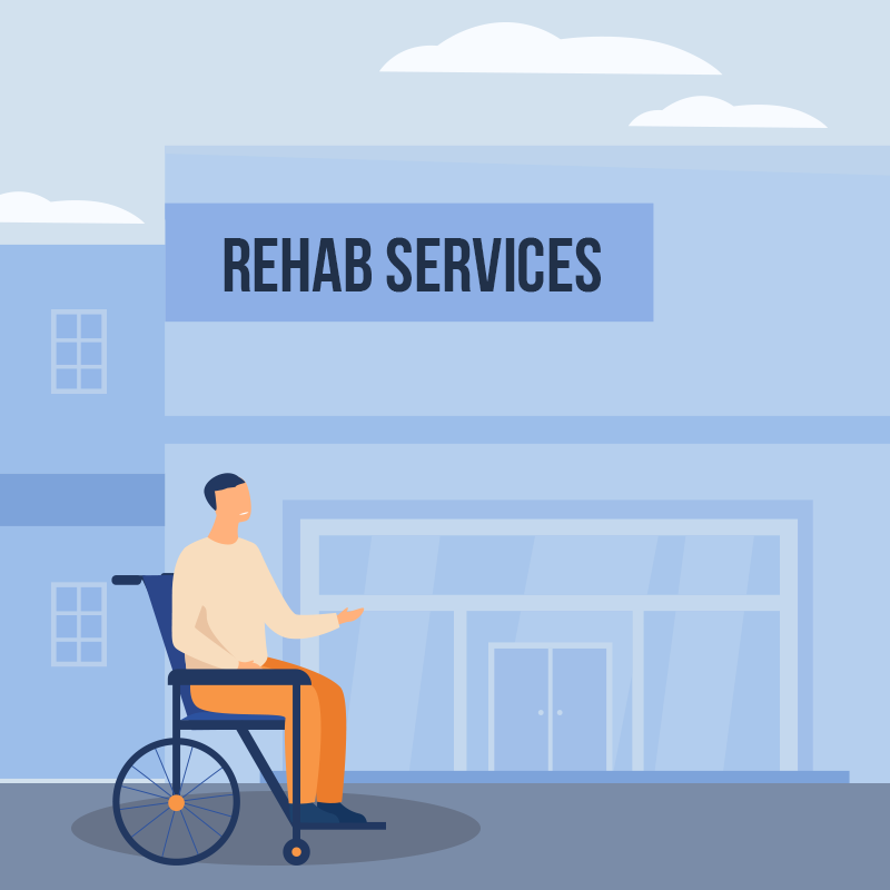 person in wheelchair outside a clinic department labeled "Rehab Services"