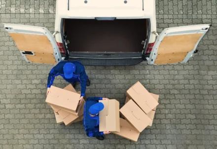 Aerial view of movers loading cardboard boxes into van.