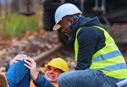 A worker assisting an injured colleague on train tracks.