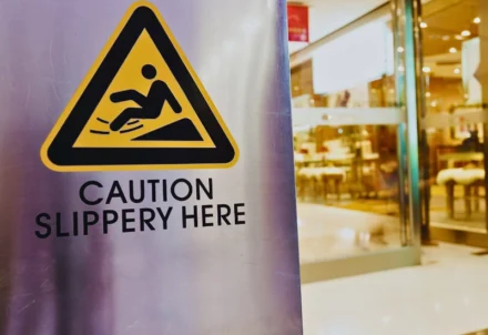 A yellow caution slippery sign inside a retail mall.