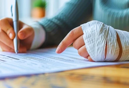 A person with a bandaged hand filling out paperwork.