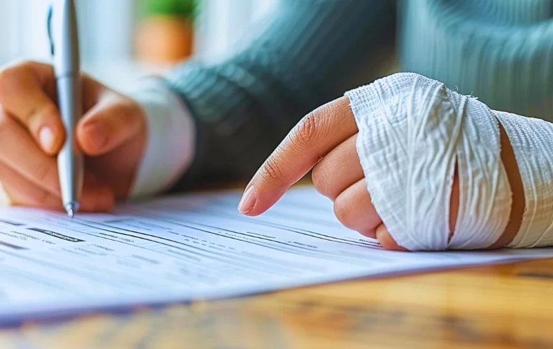 A person with a bandaged hand filling out paperwork.