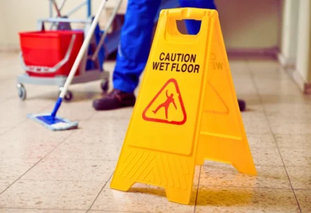 Yellow wet floor sign in front of cleaning cart.