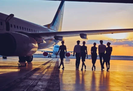 Silhouette of flight crew walking past airplanes at sunset.