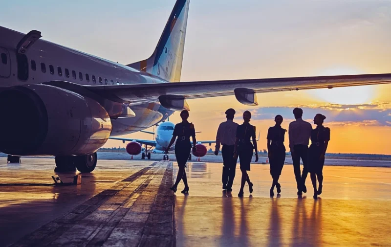 Did Lands' End Uniforms Make Delta Workers Sick? 1 Silhouette of flight crew walking past airplanes at sunset.