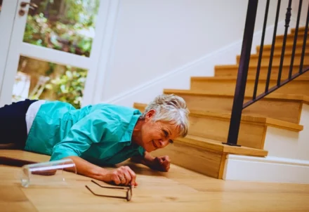 An elderly woman fallen on the floor near stairs.