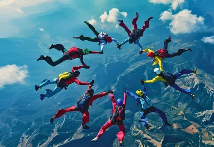Skydivers forming a circle in the sky while falling.