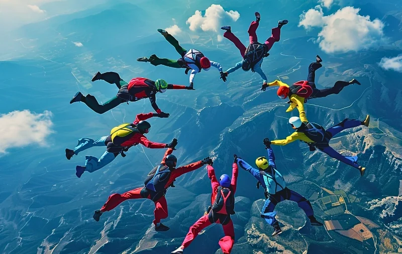 Skydivers forming a circle in the sky while falling.