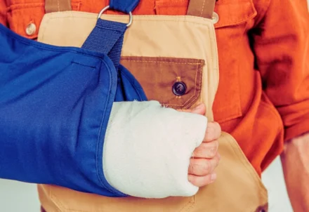 Close-up of a worker’s arm in a cast and sling.