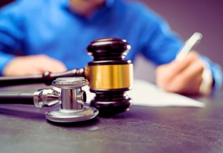 A medical stethoscope and legal gavel on a desk.