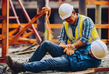 One construction worker assisting an injured colleague on the ground.