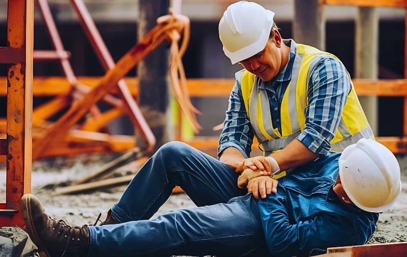 One construction worker assisting an injured colleague on the ground.