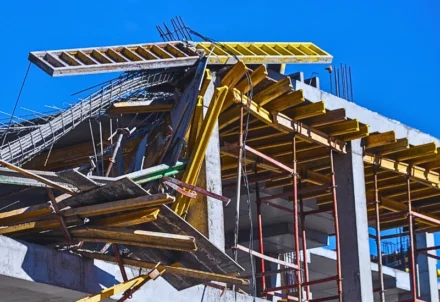 Scaffolding and wooden beams at a construction site.