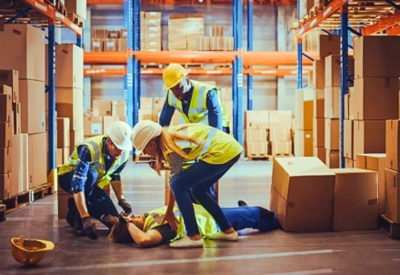 Workers attend to an injured colleague in a warehouse.