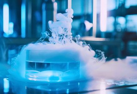 Glowing blue liquid in a glass beaker emitting vapor.