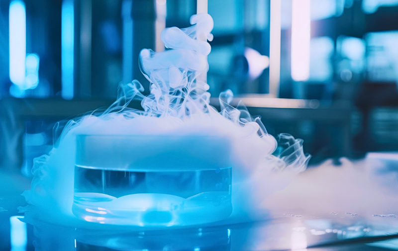 Glowing blue liquid in a glass beaker emitting vapor.