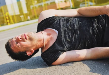 A man lying on the ground in visible pain.