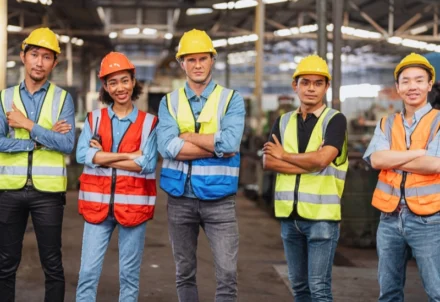 A diverse group of factory workers wearing safety gear.