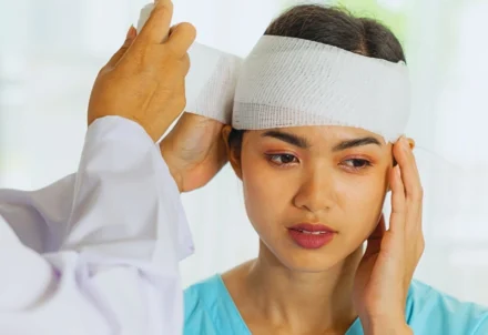 A healthcare worker wrapping a gauze bandage around a woman's head.