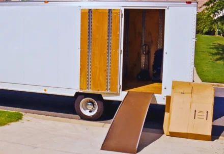 An open moving trailer with a ramp and boxes.