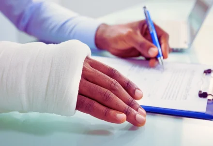 Injured hand in a white cast signs a document.