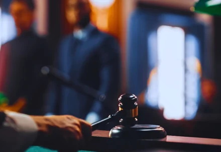 A hand strikes a gavel in a courtroom.