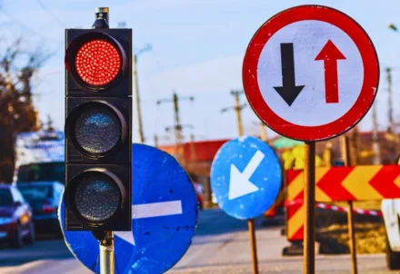 Red traffic light and various road signs on street.