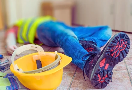 Construction worker lies injured on floor next to helmet.