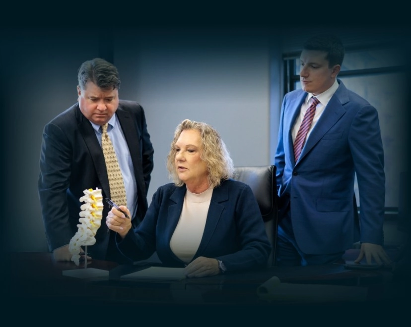 Chicago lawyers, John Serkland, Donna Zadeikis and Alexander Pino discussing a personal injury case.