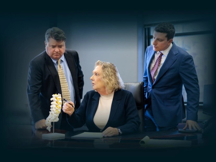 Chicago lawyers, John Serkland, Donna Zadeikis and Alexander Pino discussing a personal injury case.