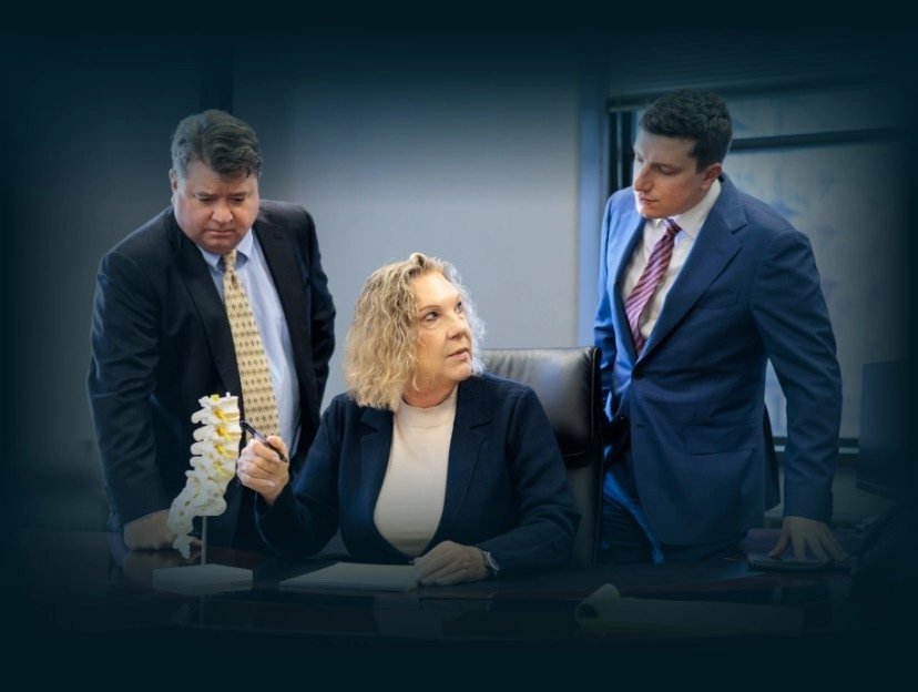 Chicago lawyers, John Serkland, Donna Zadeikis and Alexander Pino reviewing a spine model.