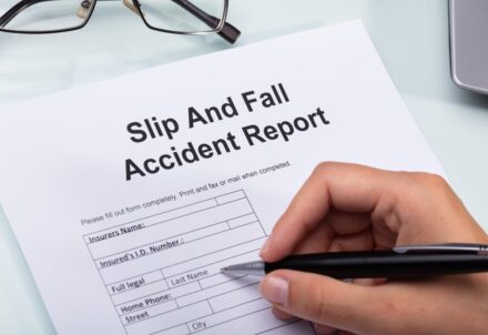 Person filling out a slip and fall accident report document. Slip and fall case if no one saw you fall