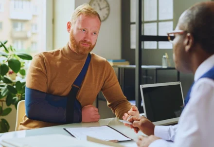 Injured man with arm sling meeting with an advisor. Your Employer Says Your Injury Is “Pre-Existing”