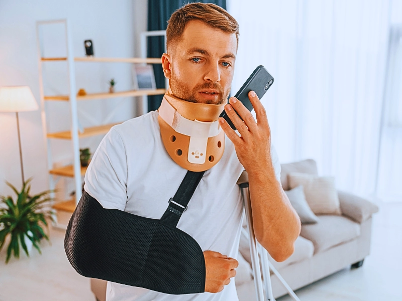 Man with injured arm and neck using his phone.