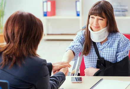Injured woman in a neck brace holding hands with lawyer. reopen a workers' compensation claim