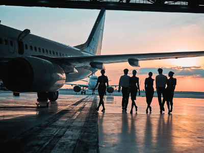An aircrew walking alongside an airplane. airline work to cancer risk